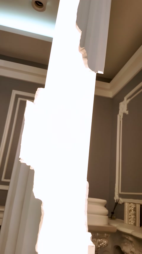 Organic-shaped ornamental element highlighted with bright light is displayed in the showroom.
