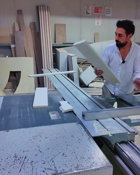 Un operaio solleva un pezzo di cornice tagliato sopra il piano della sega