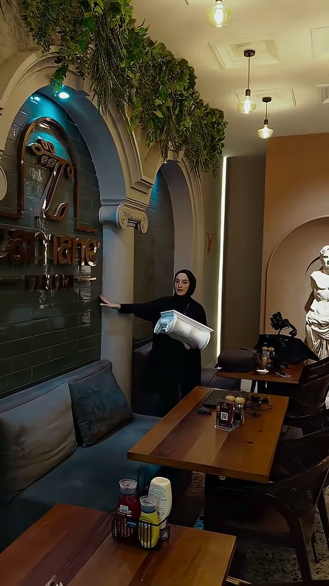 I dettagli decorativi dell'arco e della colonna circondati dal verde ornano il ristorante