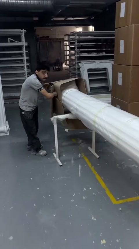 Yivli dekoratif sütunun paketleme kartonu makasla açılmaya hazırlanıyor