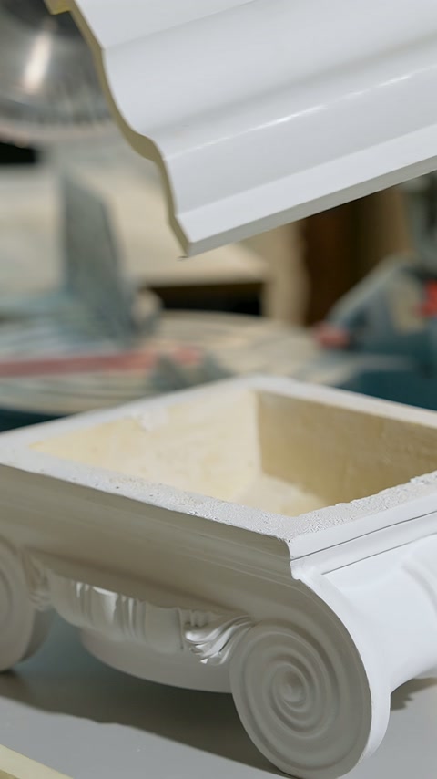 White cornices and decorative moldings are displayed together on the cutting workbench