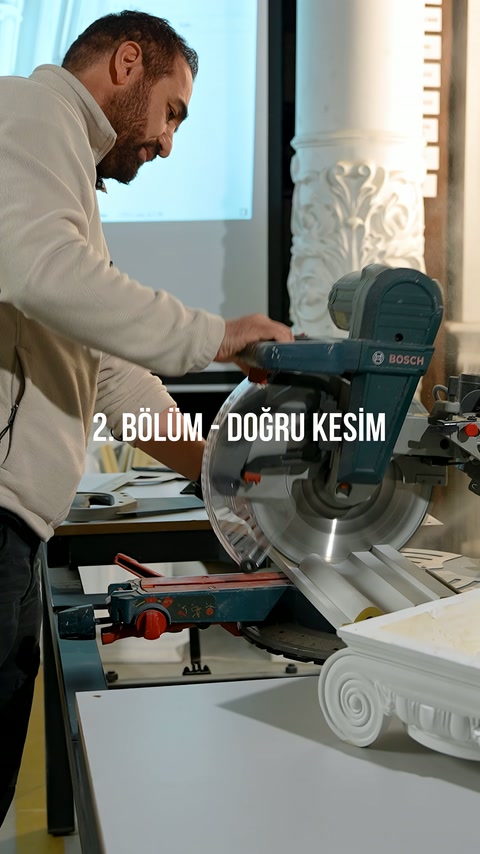 Saw blade performs an angled cut on the decorative profile