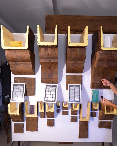 Presentatore mostra pannello decorativo rustico con aspetto legno su tavola espositiva