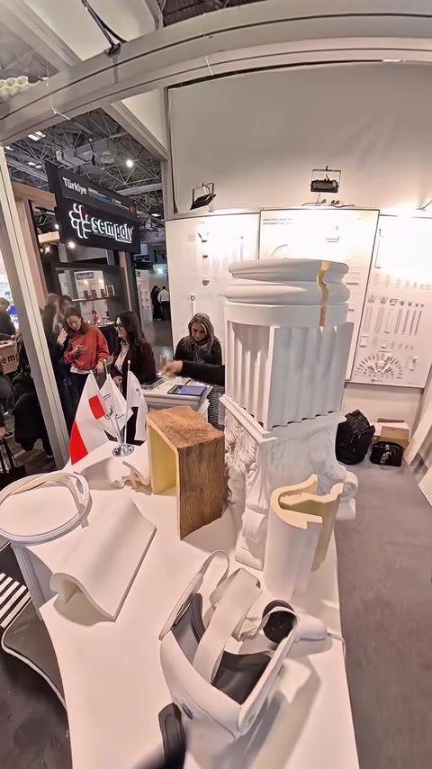 Un grande modellino di colonna è esposto con elementi decorativi e pannelli decorati.