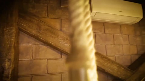 Ceiling beams and decorative rope details in a rustic interior
