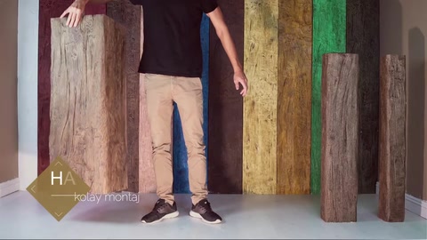 Display of decorative beam pieces in different colors and textures