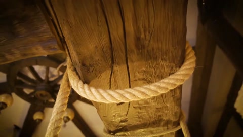 Rivestimento della trave e decorazione con corde in un angolo del soffitto