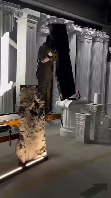 A decorative rock-look panel is displayed in a showroom with base lighting