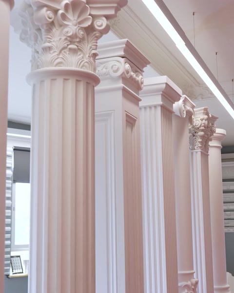 Pink-toned Corinthian columns arranged in a row inside showroom