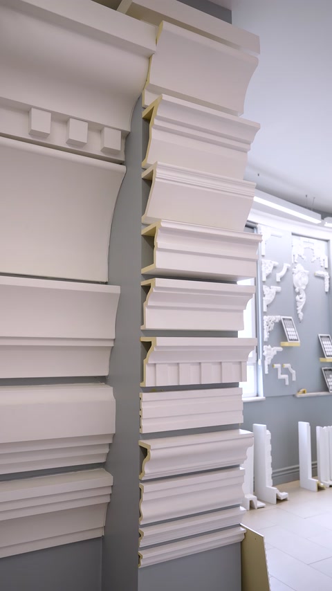 Multiple decorative cornice moldings stacked along gray showroom wall