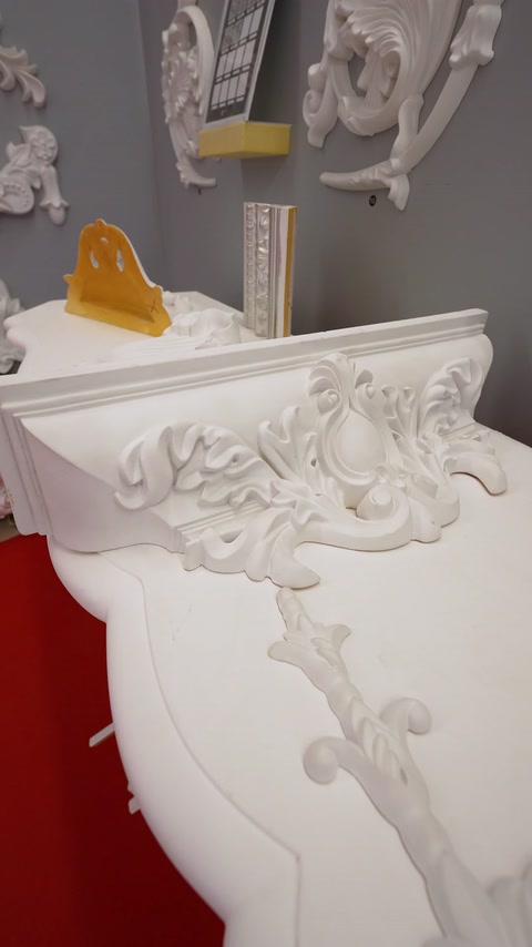 Decorative corbel and cornice piece with yellow production tag attached