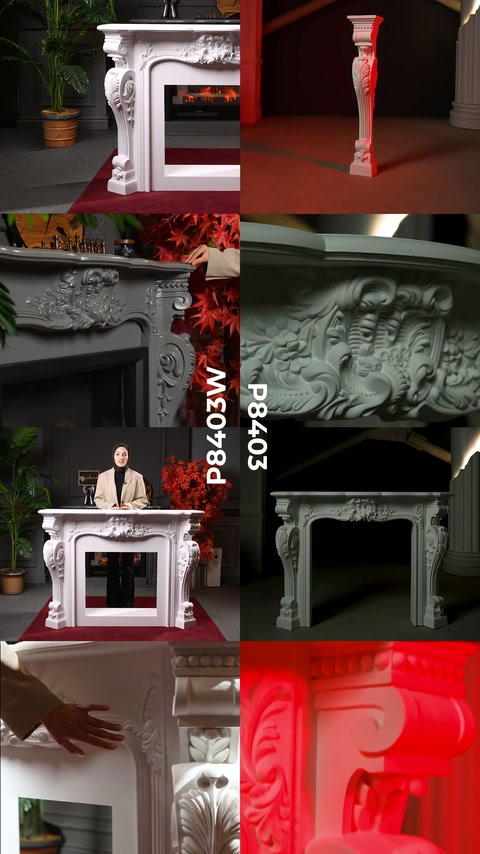 Modelli camini decorativi esposti con piedini e dettagli in rilievo divisi sullo schermo.