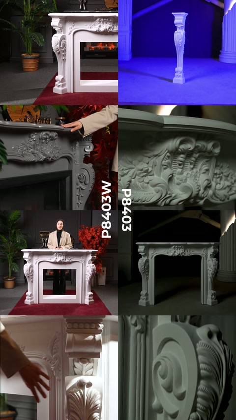Cornice camino e piedini a forma di colonna messi a confronto con illuminazione blu.