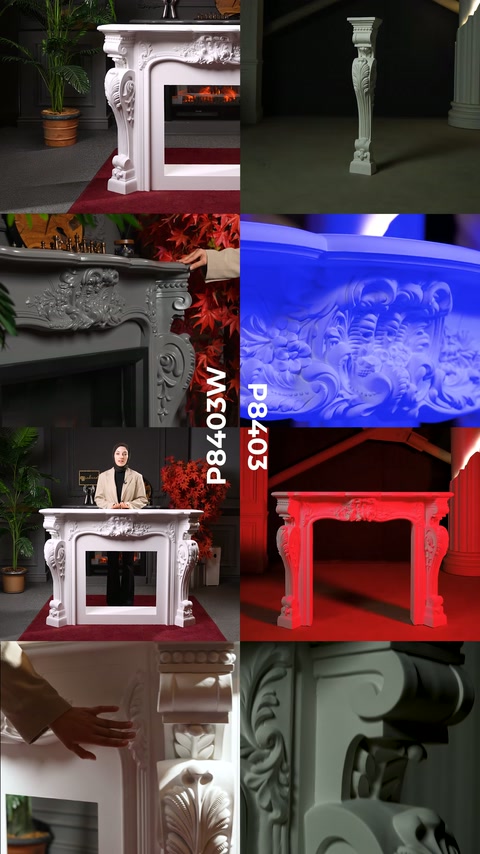 Cornice aperta e dettaglio di ornamento blu visibili accanto al modello con cassone.