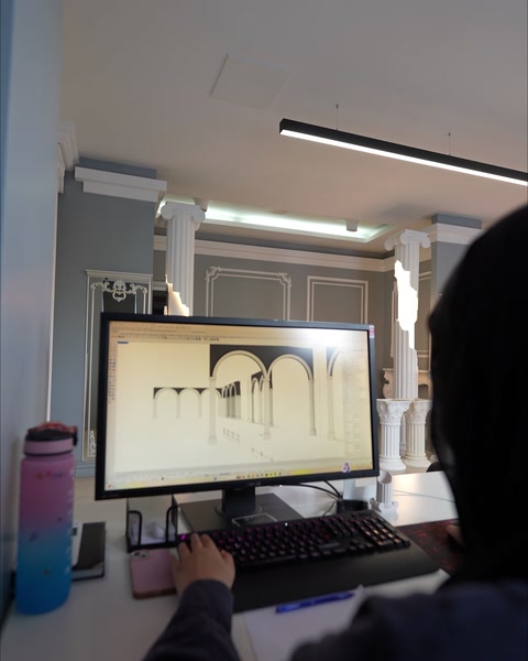 Digital facade presentation with arches, columns and a central entrance