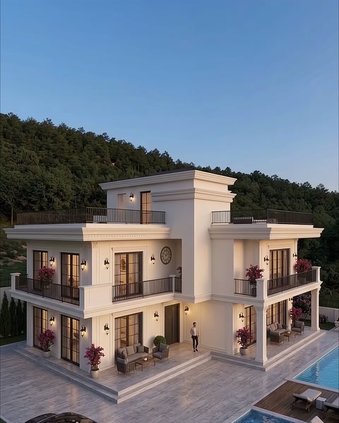 Contemporary villa exterior combining balconies, columns and horizontal lines
