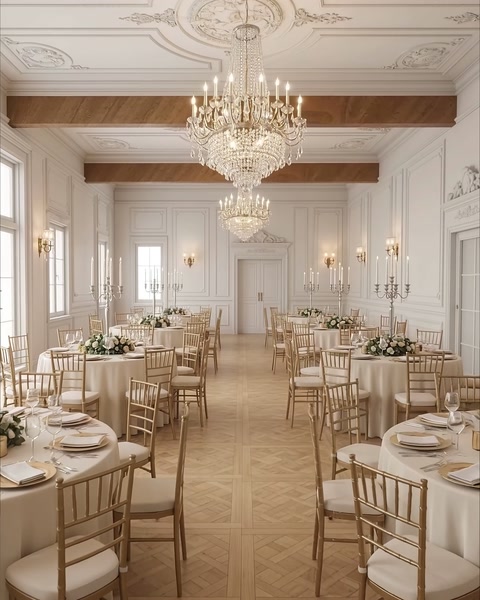 Elegant dining interior with ceiling mouldings, wall panels and chandeliers