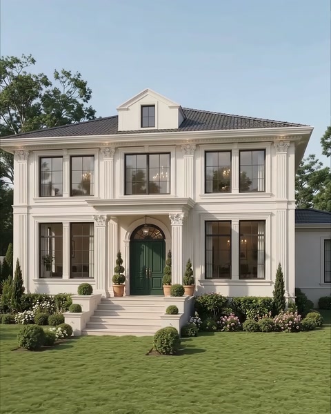 Classical villa facade with a central arch, columns and landscaping
