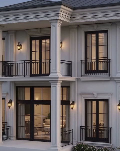 Close facade view highlighting pilasters, balconies and window surrounds
