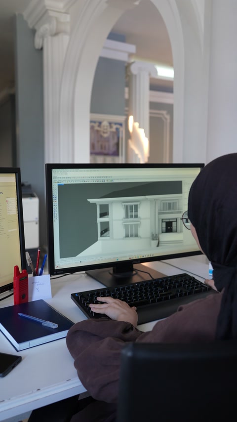 Architectural workstation showing a villa elevation with balanced facade details