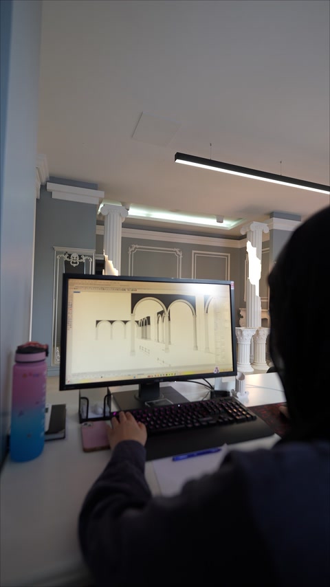 Digital facade presentation with arches, columns and a central entrance