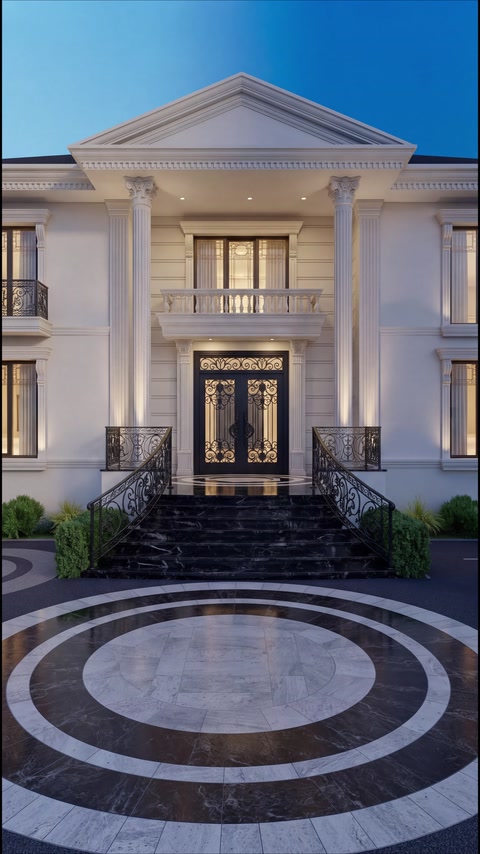 Grand villa entrance framed by columns, balcony mouldings and steps