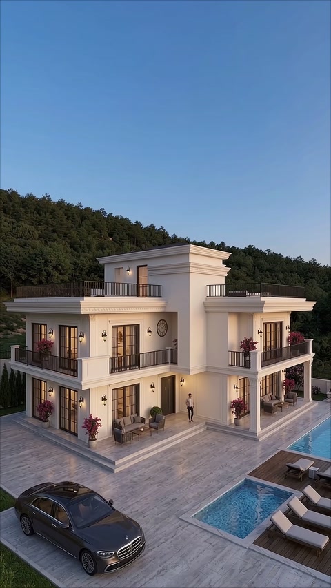 Contemporary villa exterior combining balconies, columns and horizontal lines
