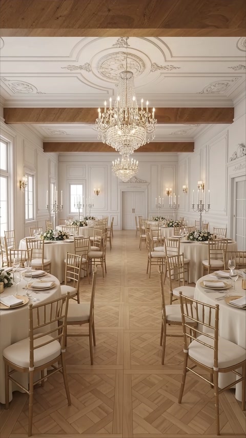 Elegant dining interior with ceiling mouldings, wall panels and chandeliers