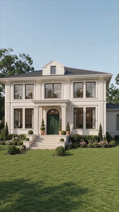 Classical villa facade with a central arch, columns and landscaping