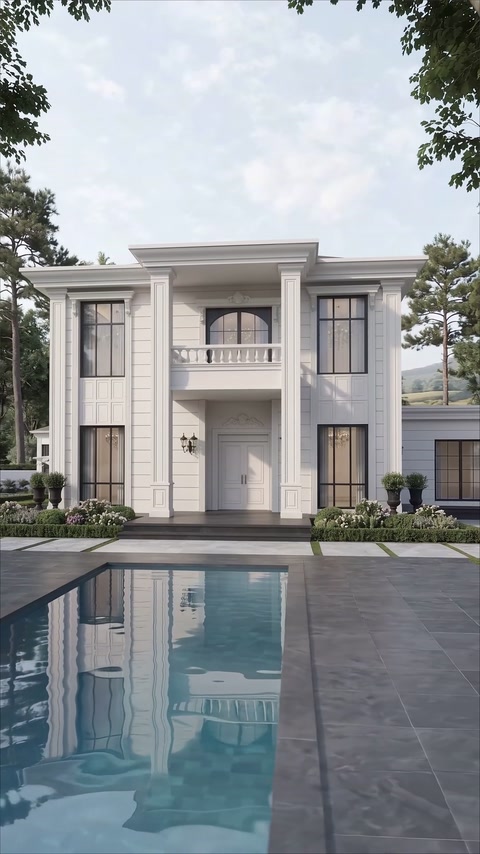 White villa facade with a pool, entrance columns and balcony