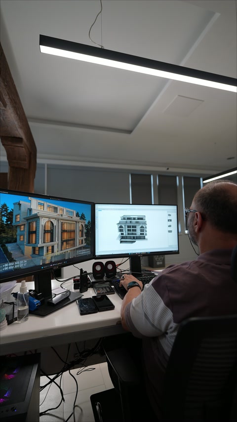 Il designer sviluppa i dettagli della facciata della villa su due monitor di lavoro affiancati