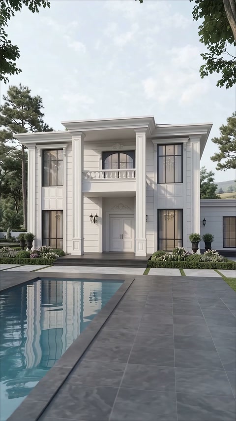 L'ingresso della villa in piscina presenta colonne scanalate, balcone e finestre incorniciate