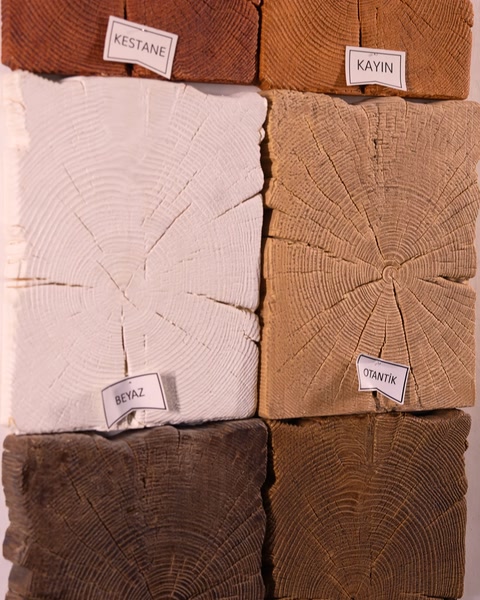 Composizione di pannelli con motivi effetto legno etichettati Castagno, Faggio e Bianco