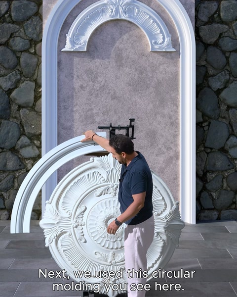 Circular cornice profile is measured and aligned on the wall