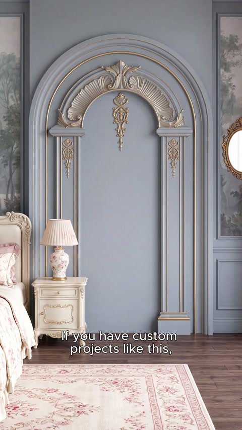 The appearance of the wall design in the space, completed with classic furniture, is displayed.