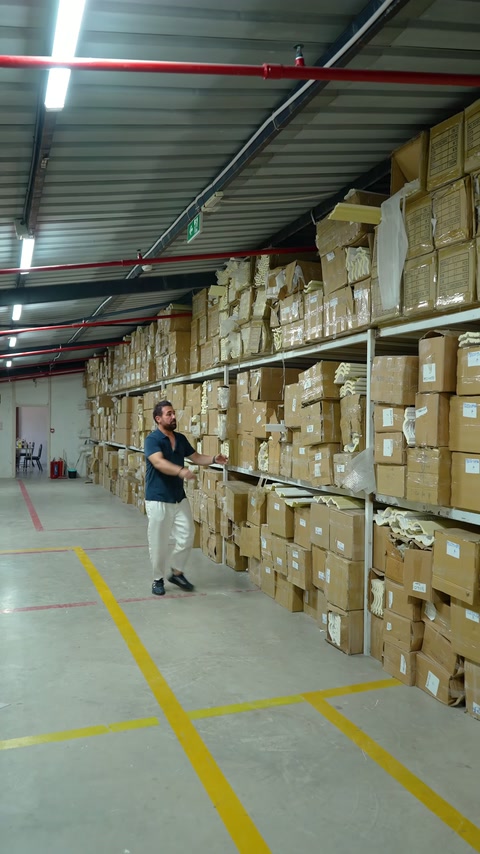 Prodotti decorativi presentati nel corridoio del magazzino circondato da scatole.