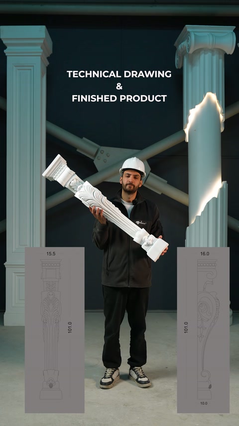 This video shows a long decorative pilaster piece being moved among technical drawings in a workshop.