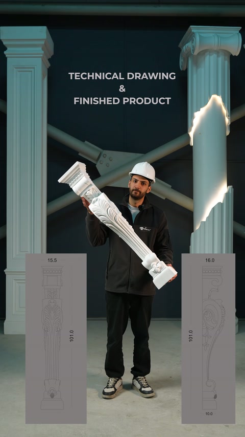 This video shows a white pilaster body being held by hand in a workshop alongside technical sketches.