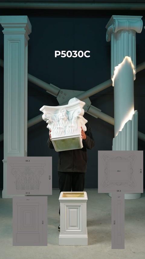 This video shows a white Corinthian capital being lifted alongside technical drawings.
