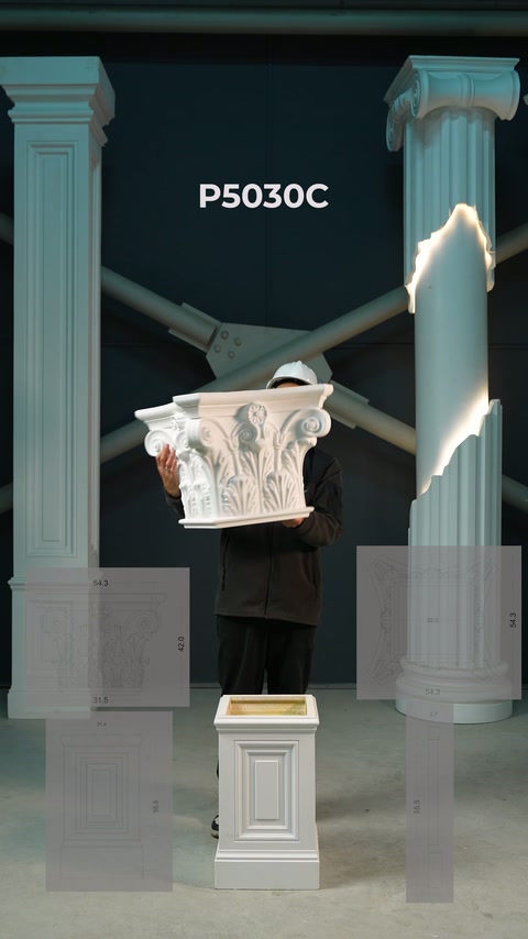This video shows an acanthus-embossed capital being held at a horizontal angle on a pedestal.