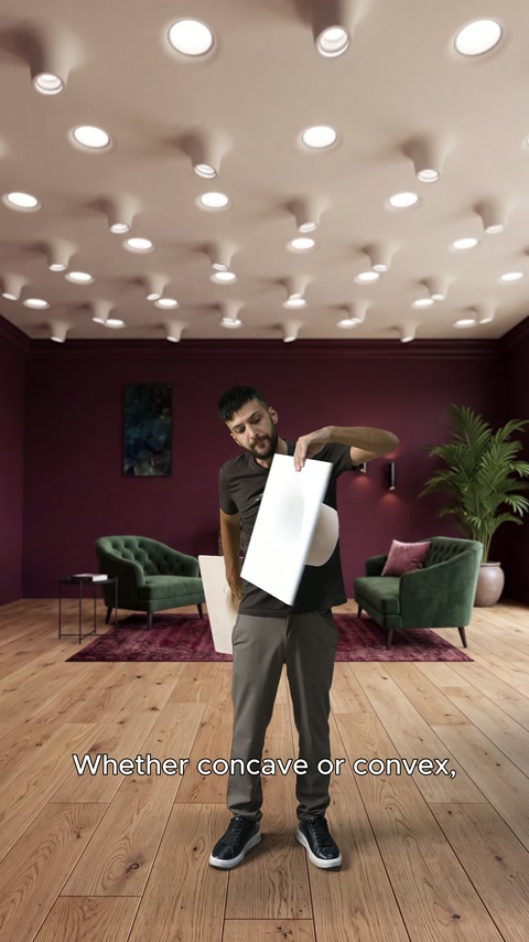 Il presentatore introduce un apparecchio quadrato a soffitto con bordo esterno ricurvo sotto illuminazione
