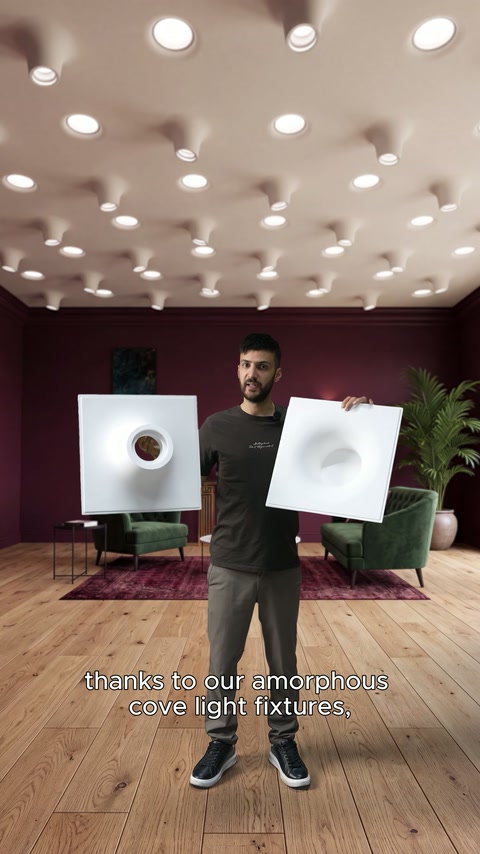 Due diversi pannelli di illuminazione amorfi vengono presentati in un ambiente salotto arredato