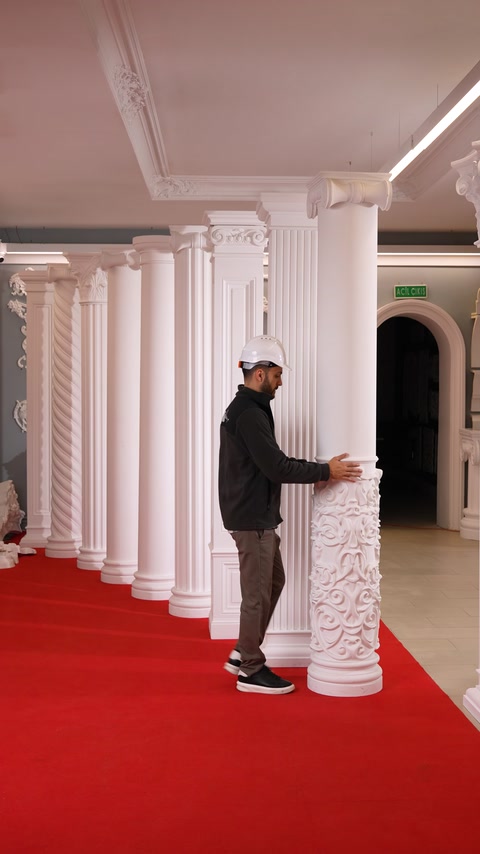 Artisan holds a column featuring ornate relief carving at its base.