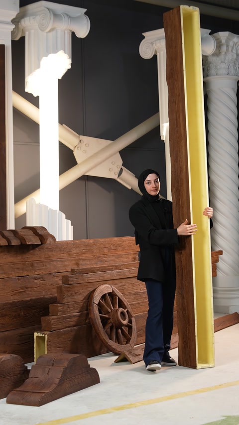 Kirişin ahşap desenli dış yüzeyi ve boş iç kesiti