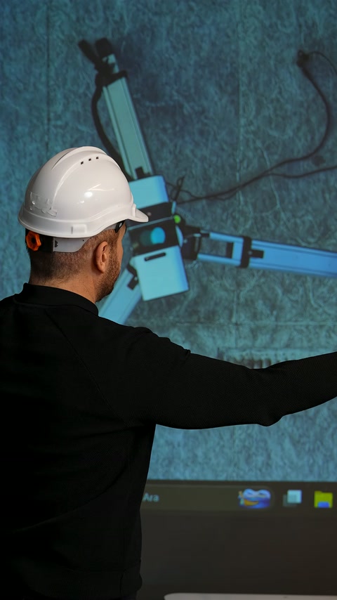 A 3D scan image is closely examined by an expert on a large screen.