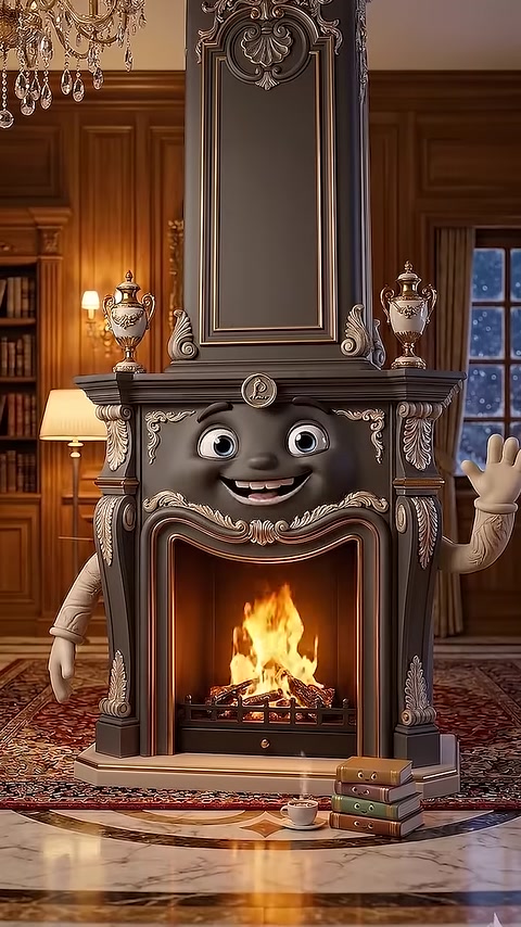 A dark ornate fireplace is displayed in a living room with a wooden bookcase
