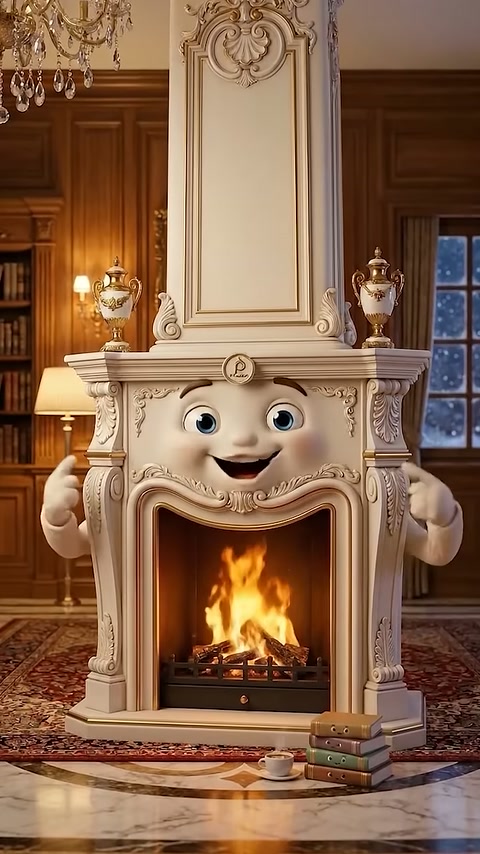 Embossed light-colored fireplace mantel standing in warm room decor with smiling expression