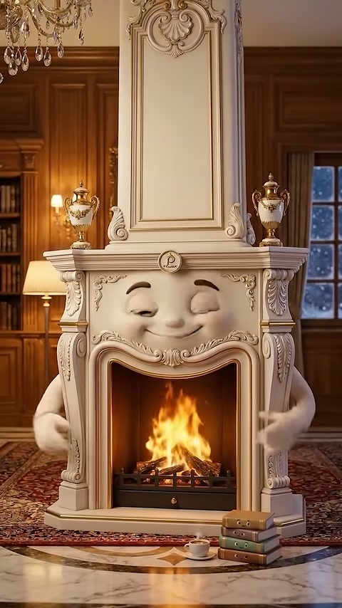 Long upper panel fireplace with closed eyes and burning flames visible