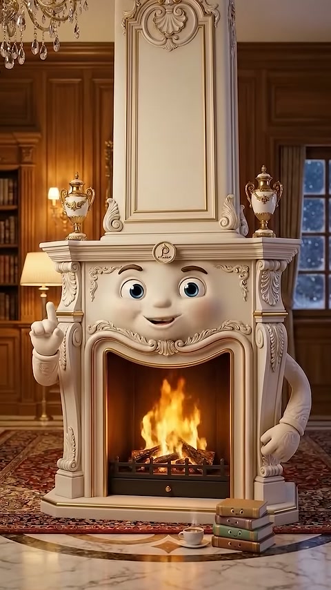 Light-toned fireplace with raised finger pointing to embossed details