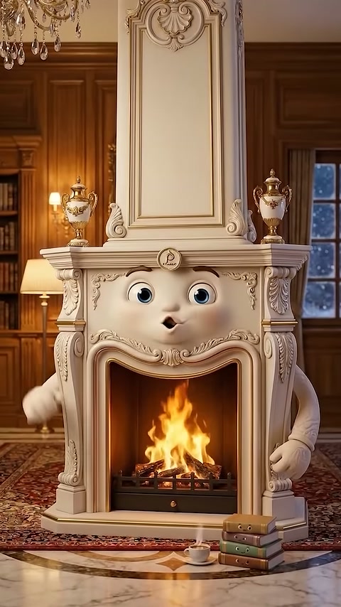 Classic living room fireplace shown with surprised expression and vibrant flames